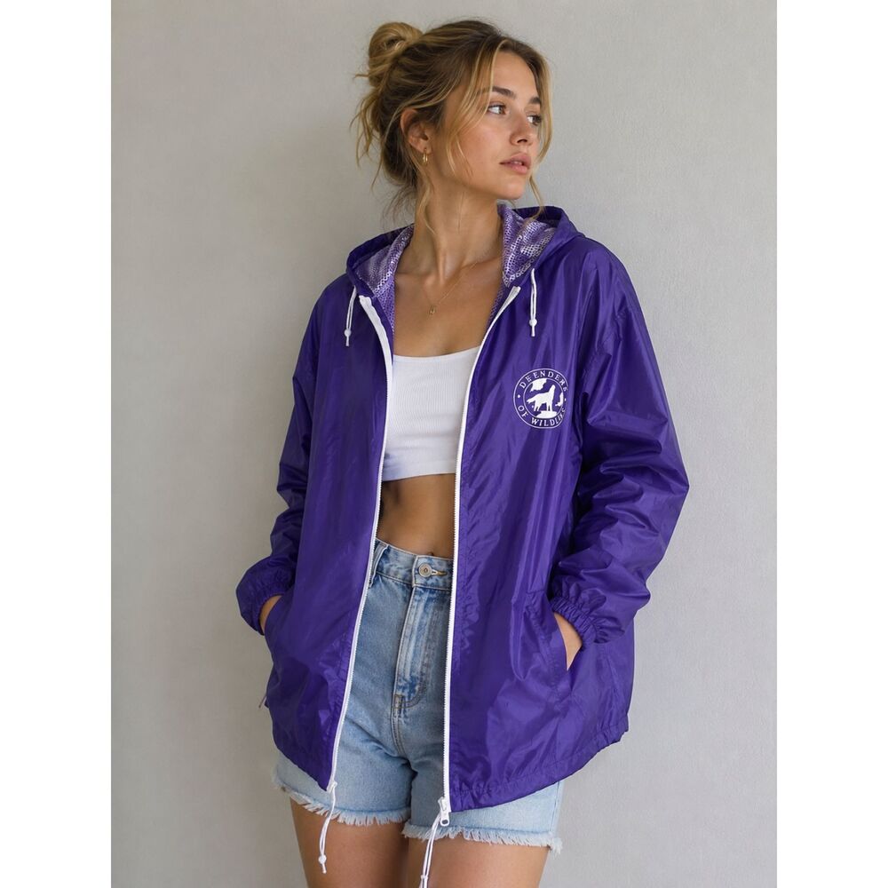 Purple Hooded Windbreaker Rain Jacket Full Zip One Size Lightweight